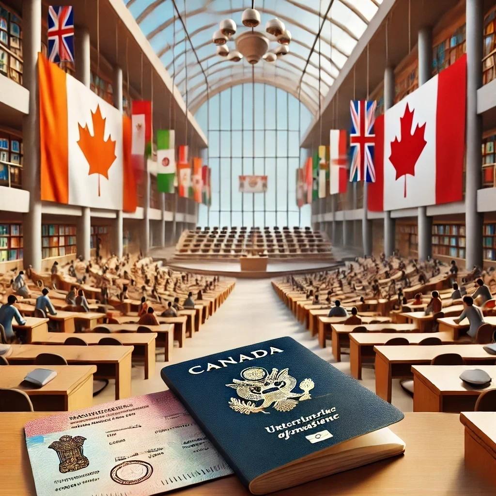 An illustration highlighting the issue of international student absenteeism in Canada, depicting a modern university campus with empty classrooms and lecture halls. Symbolic passports and study permits are scattered in the foreground, emphasizing the 'no-show' crisis, while the background subtly incorporates flags of India and Canada to represent the connection between the two nations.