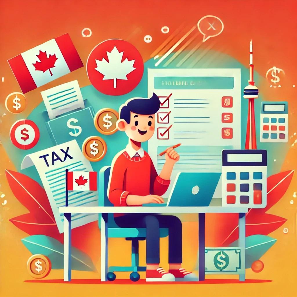 An animated illustration of a happy international student using a laptop, surrounded by tax-related icons and a backdrop of Canadian landmarks like the CN Tower. Perfect for a tax-related guide.